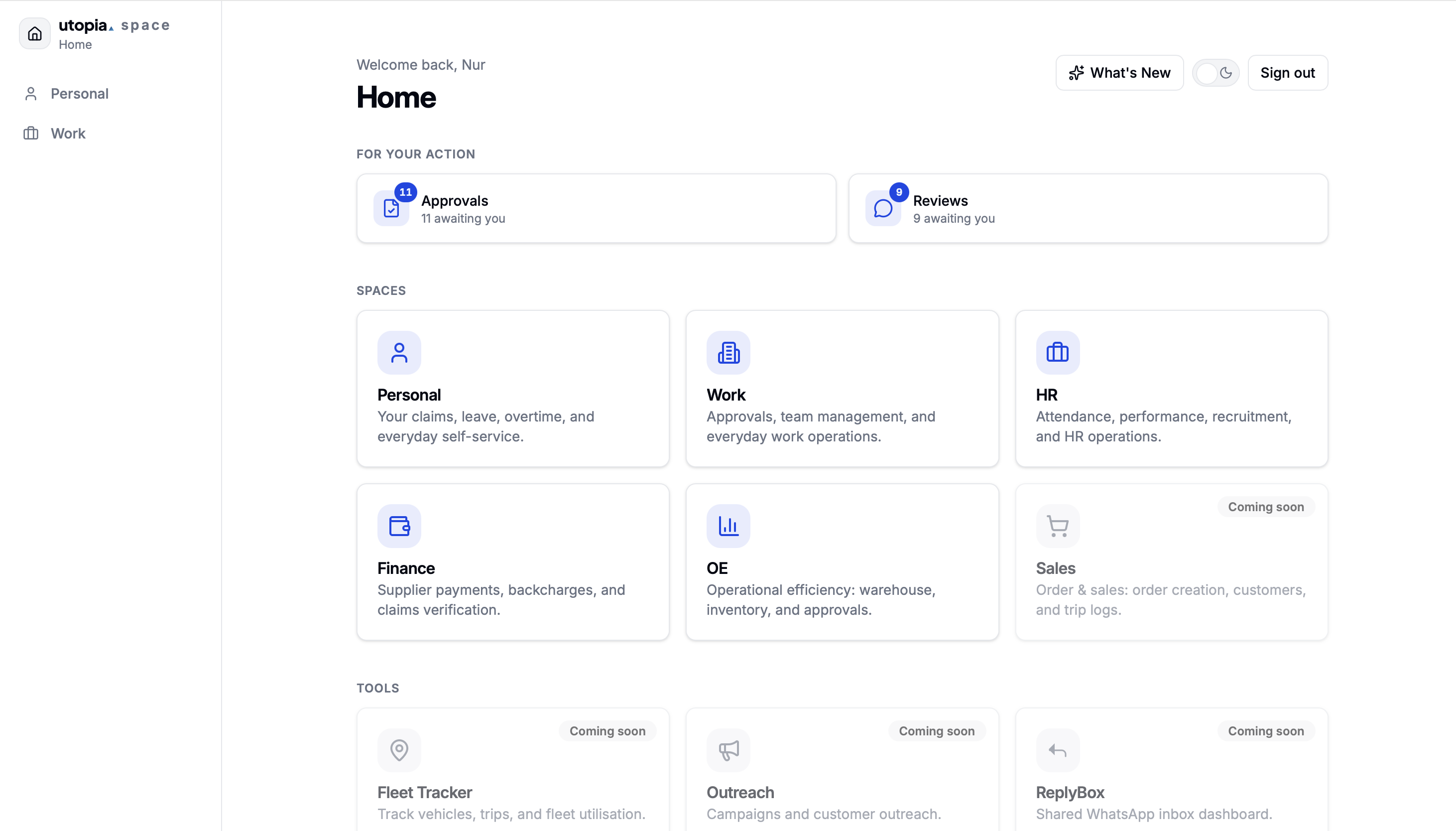 Launcher home layout showing spaces and tools