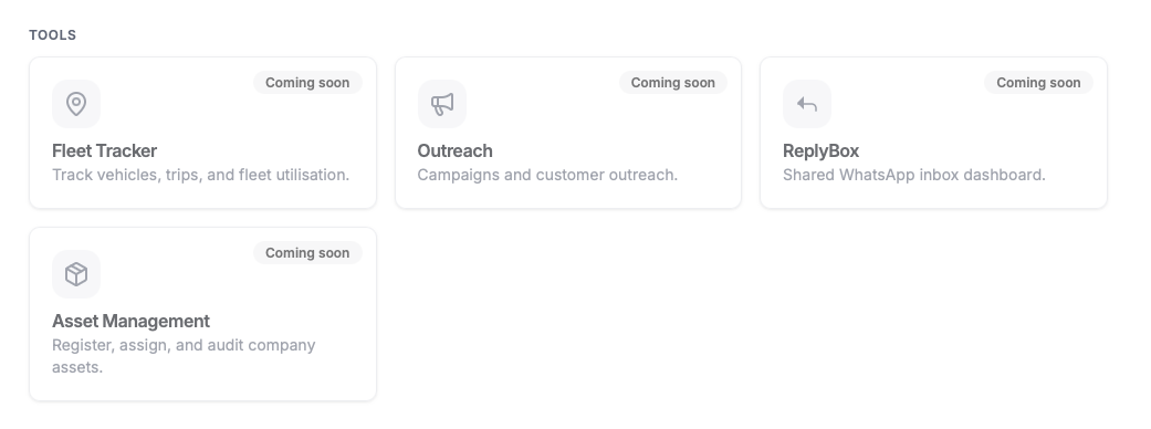 Launcher tools section showing Fleet Tracker, Outreach, Replybox, and Asset Management cards