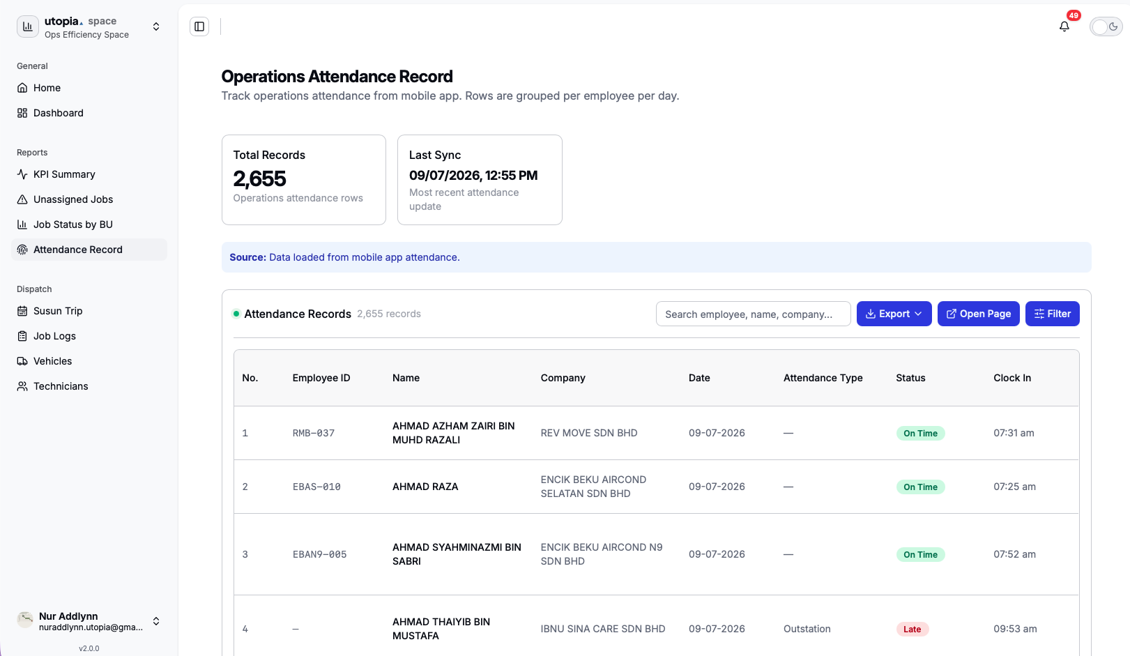 Operations Attendance Record preview