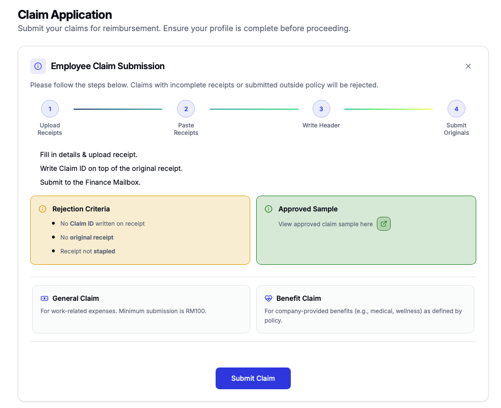Claim application submission screen