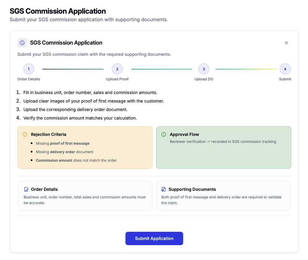 SGS commission application screen
